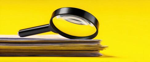 The magnifying glass highlighting important details on a stack of papers. photo