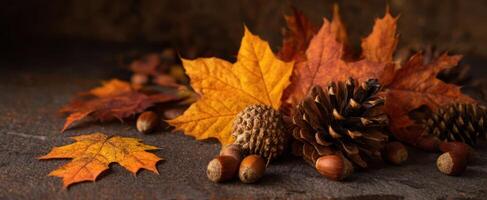 The vibrant autumn leaves and acorns create a beautiful seasonal arrangement. photo