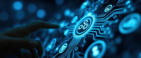 The futuristic interaction with a digital technology interface and network connections. photo