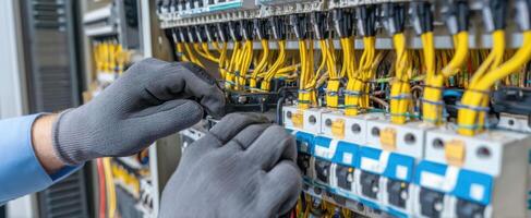 The technician working on electrical wiring in a control panel. photo