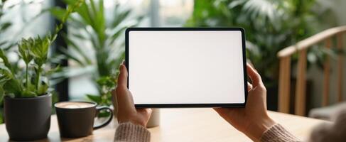 The tablet surrounded by greenery in a cozy indoor workspace. photo