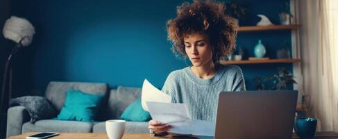 The woman reviewing important documents at a stylish home office setup. photo