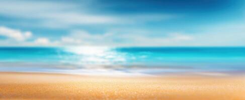The tranquil beach scene with soft sand and sparkling ocean waves. photo