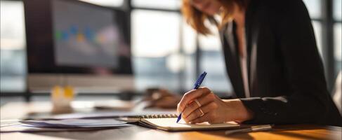 The focused businesswoman writing in a notebook while working at her desk. photo