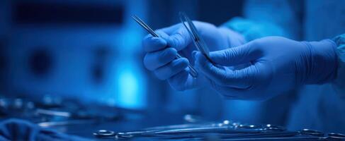 The skilled hands of a surgeon preparing surgical instruments in a modern operating room. photo