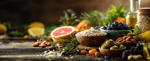 The vibrant display of fresh fruits and healthy ingredients on a rustic table. photo