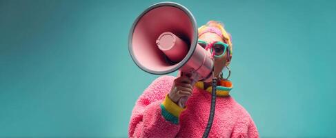 The vibrant individual holding a megaphone in a playful and fun manner. photo