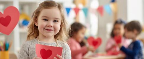 The joyful girl crafting heart decorations with friends in a colorful classroom. photo