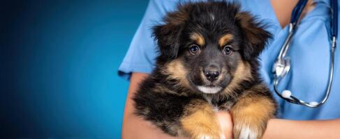 The adorable puppy being held by a caring veterinarian with a stethoscope. photo