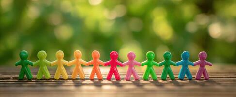 The colorful figures representing unity and friendship in a natural setting. photo