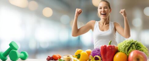 The energetic woman celebrating health with colorful fruits and vegetables. photo