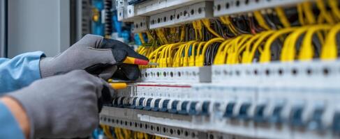 The technician working on electrical wiring in a control panel setup. photo