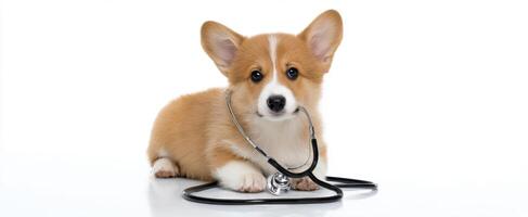 The adorable corgi puppy with a stethoscope ready for veterinary check-up. photo