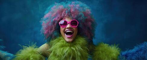 The joyful model showcases vibrant fashion with colorful feathers and playful sunglasses. photo