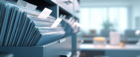 The organized filing cabinet in a modern office workspace setting. photo