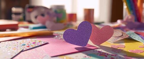 The colorful hearts on a vibrant craft table full of creative supplies. photo