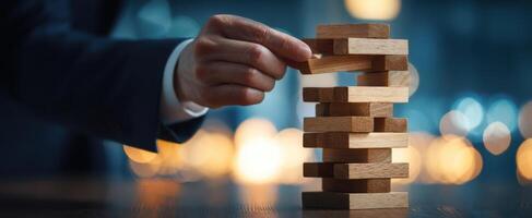 The hand carefully removes a block from a Jenga tower in a strategic challenge. photo