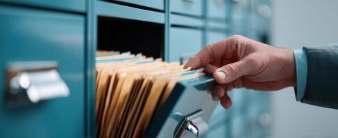 The hand retrieving files from a vintage blue filing cabinet drawer photo