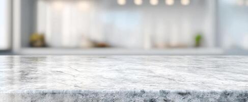 The elegant marble countertop in a modern kitchen setting with a blurred background. photo