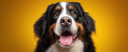 The cheerful Bernese Mountain Dog with a vibrant yellow background photo