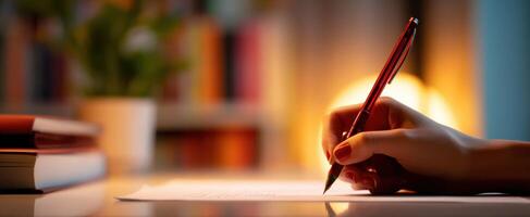 The hand writing thoughtfully with a pen at a cozy desk setting. photo