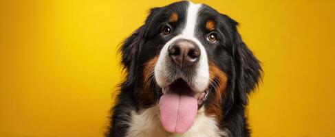 The adorable Bernese Mountain Dog with a cheerful expression and vibrant backdrop. photo