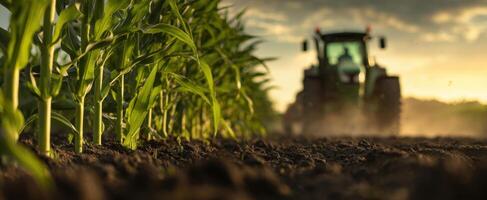 The tractor plowing through a cornfield at sunset amidst golden skies. photo