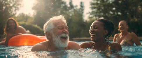 The joyful moments of friends laughing together in a pool on a sunny day. photo