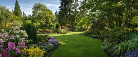 The lush garden path surrounded by vibrant flowers and serene greenery. photo