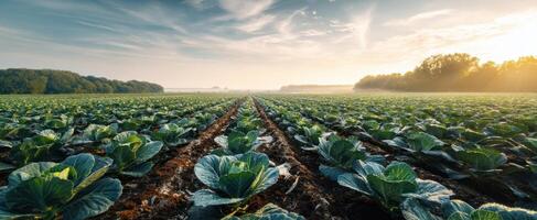 The thriving cabbage field under a vibrant sky at sunrise. photo