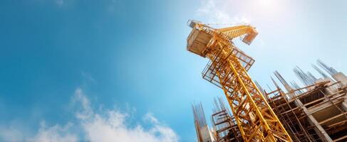 The towering construction crane against a bright blue sky on a worksite. photo
