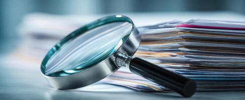 The magnifying glass placed on a stack of papers for detailed examination. photo