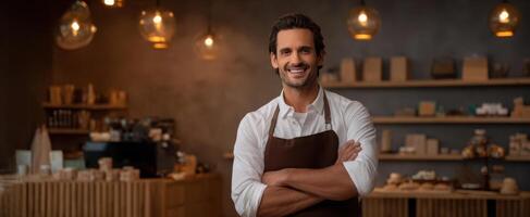 The smiling barista in a warm, inviting coffee shop atmosphere. photo