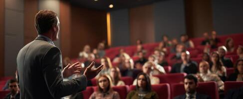 The dynamic speaker engaging a captivated audience in a professional setting. photo