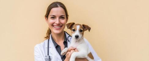 The veterinarian joyfully holds a puppy against a warm background. photo