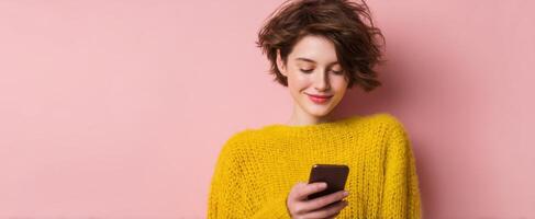 The cheerful woman in a cozy sweater using a smartphone against a pink background. photo
