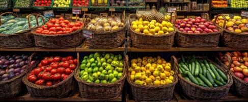 The vibrant display of fresh fruits and vegetables in woven baskets. photo