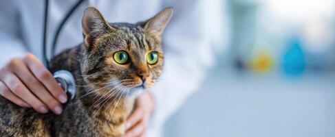The adorable cat receiving a checkup from a caring veterinarian in clinic. photo
