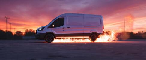 The van in motion leaving fiery trails at sunset with dramatic skies. photo