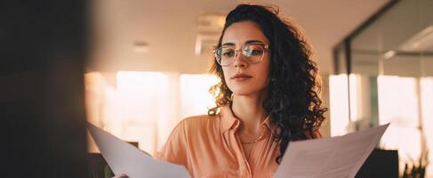 The woman analyzing papers in a sunlit office setting. photo