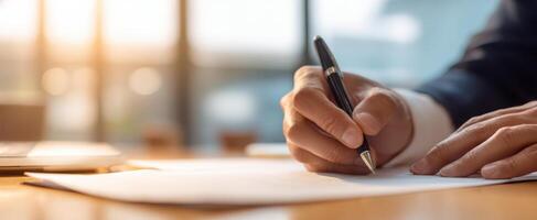 The hand writing on a document in a modern office environment. photo