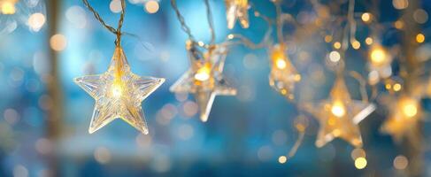The enchanting display of glowing star-shaped lights illuminating a serene background. photo