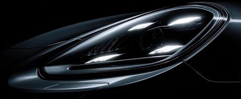 The innovative design of a luxury car headlight against a dark background. photo