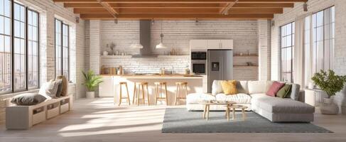 The modern open-plan living area with stylish furniture and natural light. photo