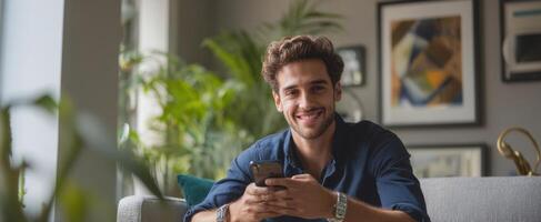 The young man enjoying his smartphone in a cozy indoor setting. photo