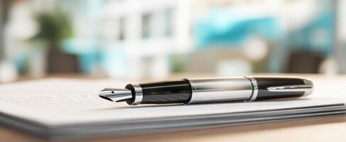 The elegant fountain pen resting on a stylish stack of documents. photo