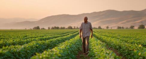 The Farmer Walking Through a Lush Green Field at Sunset photo