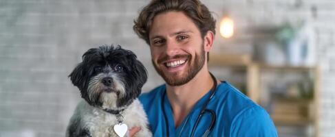 The veterinarian holding a dog in a warm and friendly clinic environment. photo