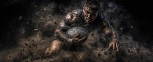 The rugby player emerges from the dust with fierce determination and strength. photo