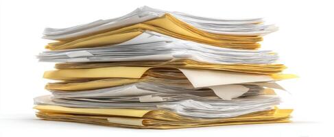 The stack of disorganized paperwork and files in an office setting. photo